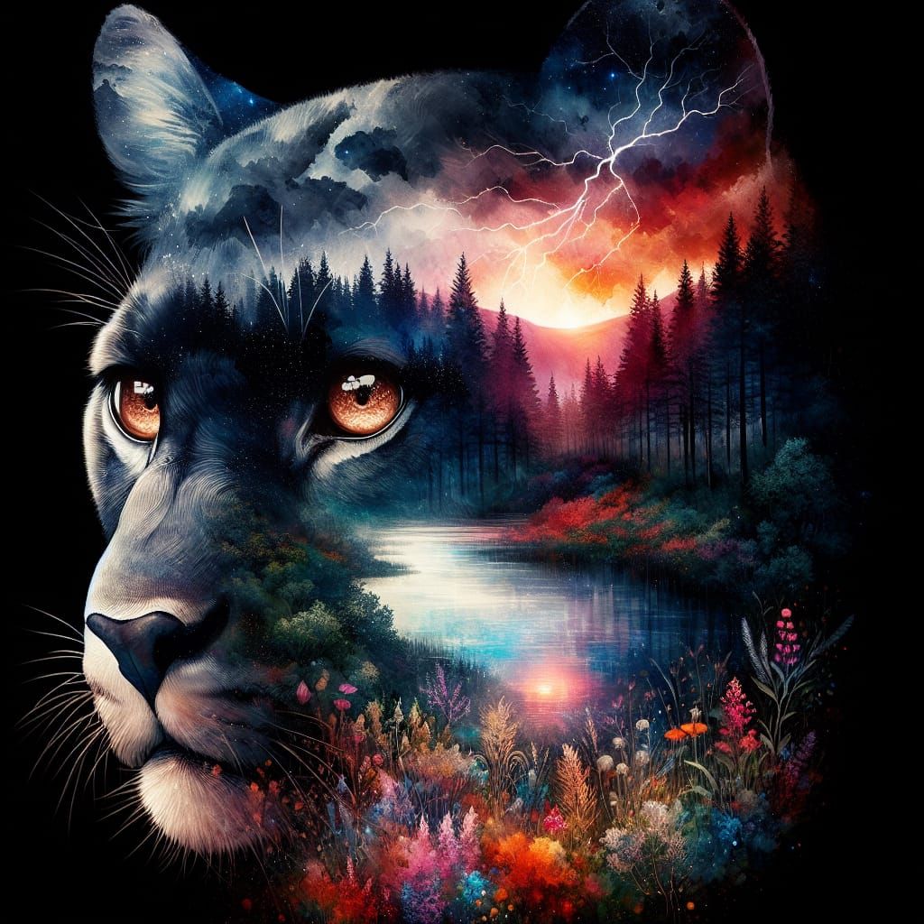 Mystical Panther Double Exposure in Watercolor Style