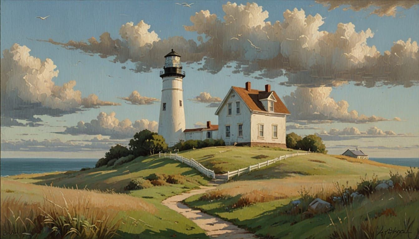 Lighthouse and House in American Realism Style