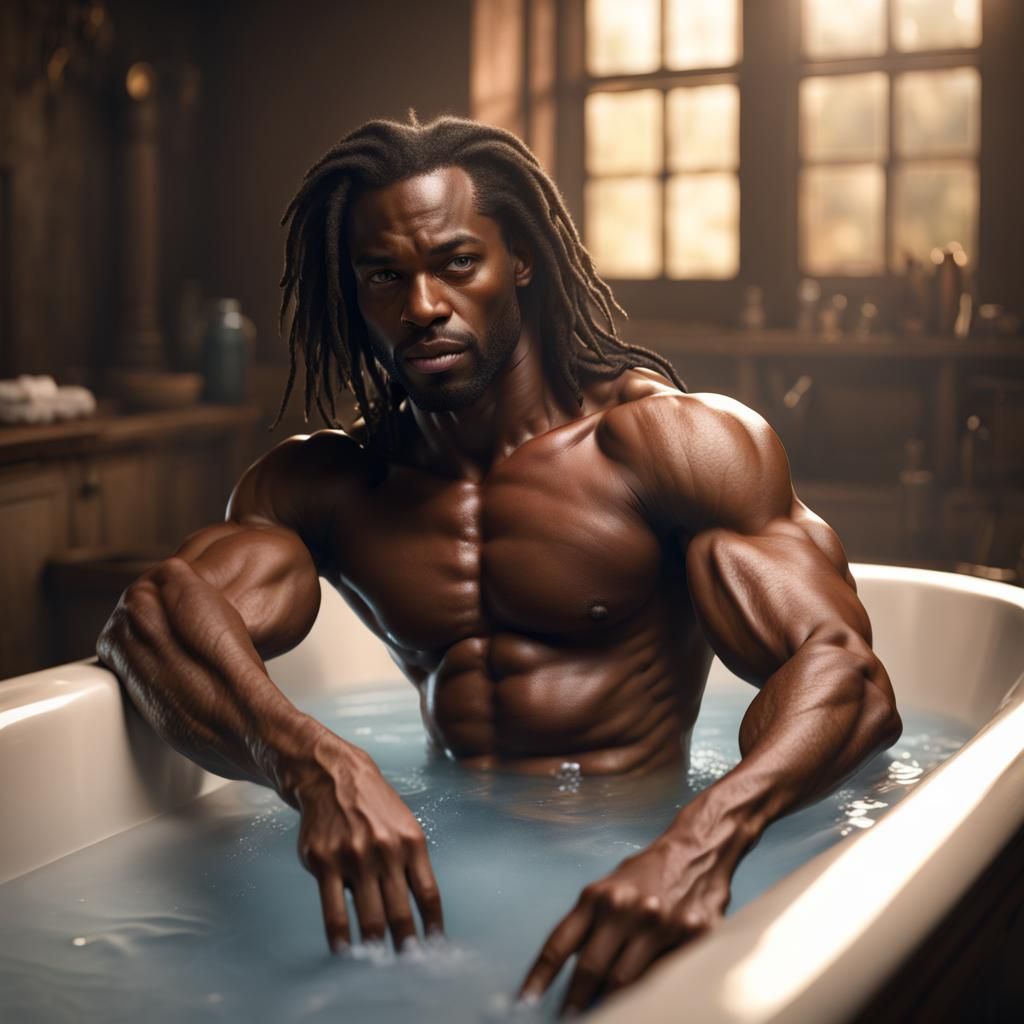 Detailed Matte Painting: African American Man in Bathtub