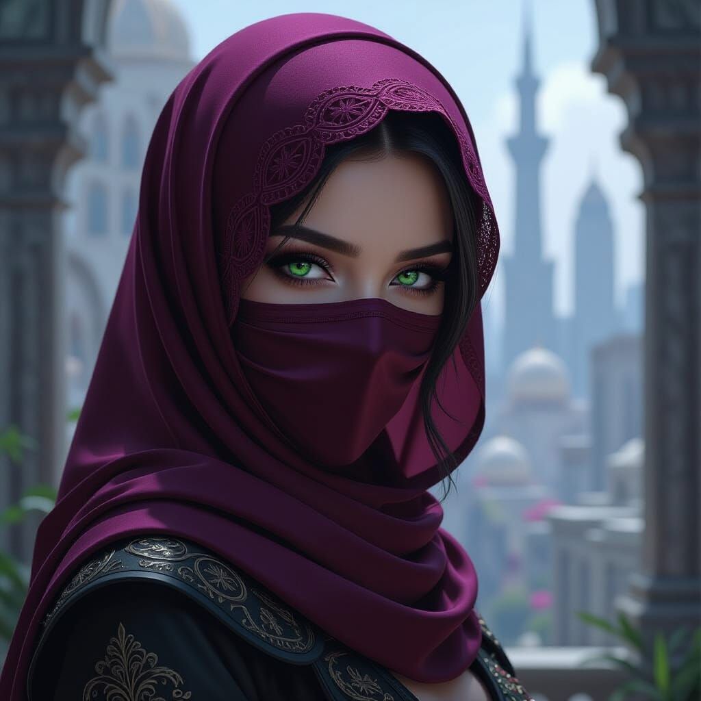 Ninja's Emerald Eyes in Cyberpunk Oil Painting