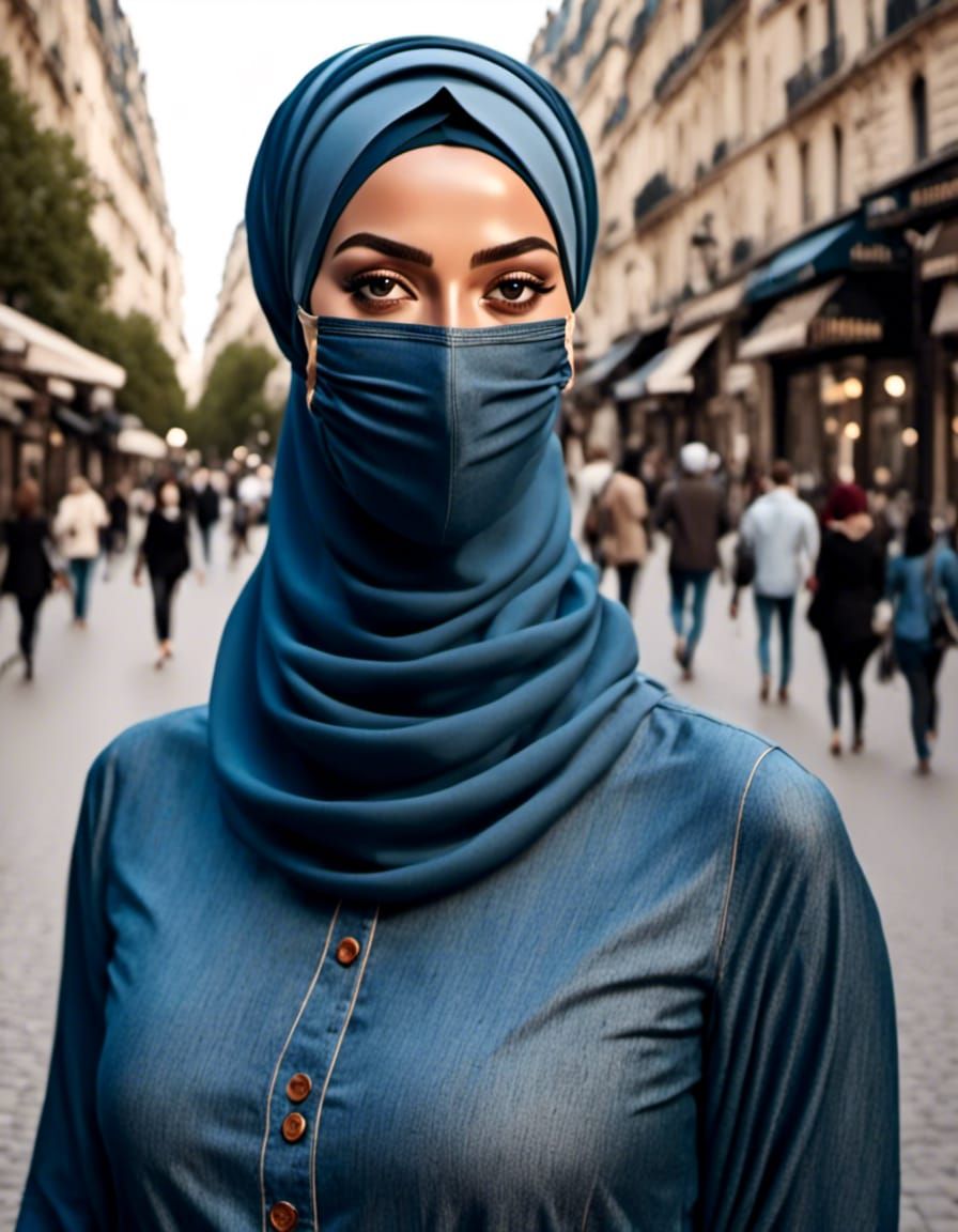Beautiful Masked Woman in Denim Gown in Paris
