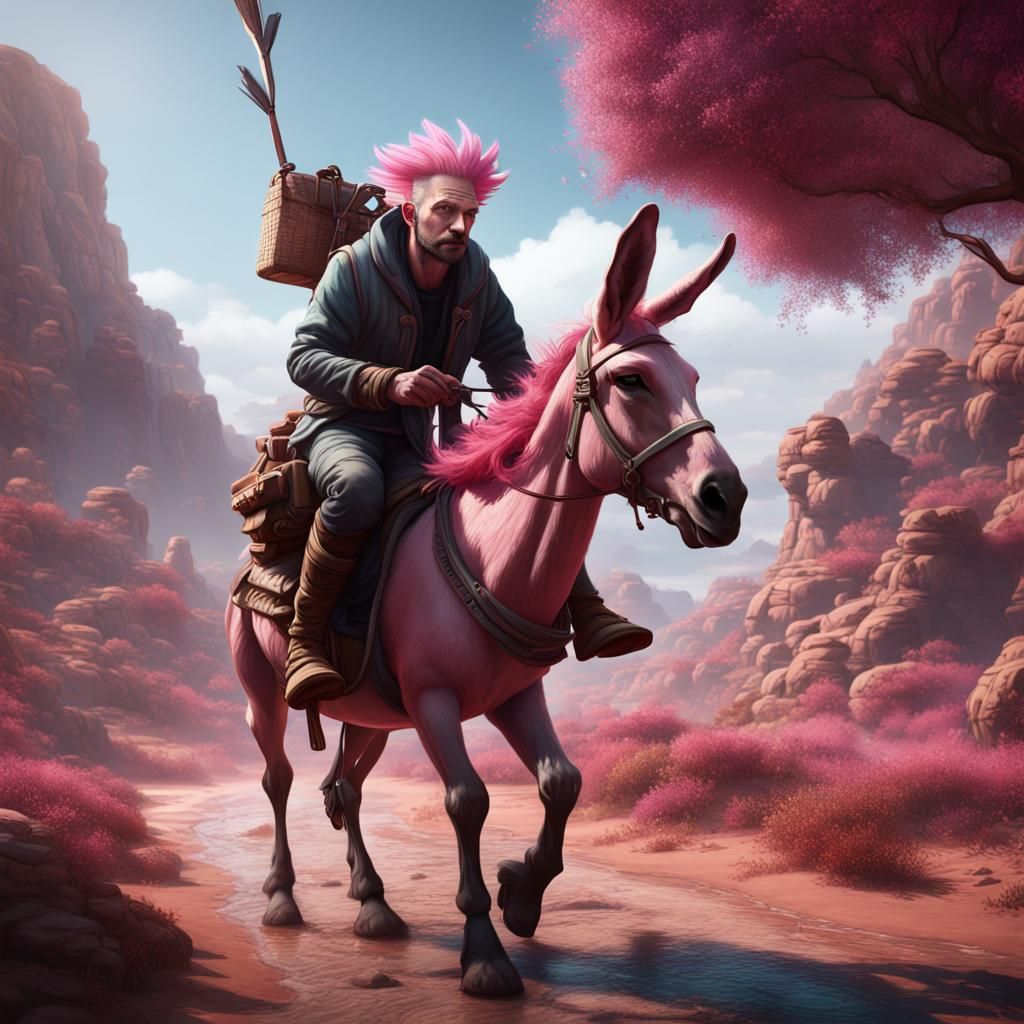 Pink-Haired Man on Donkey: Detailed Matte Painting