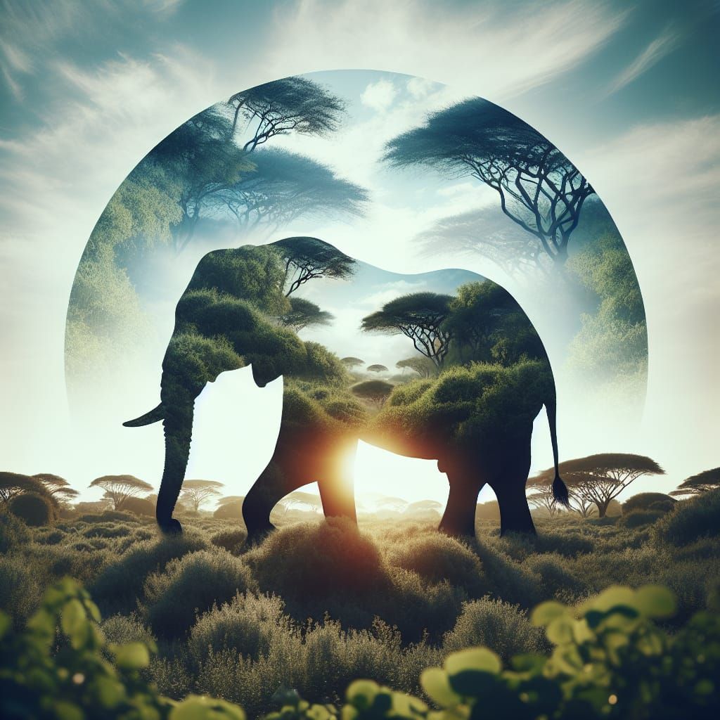 Elephant Silhouette Double Exposure: Savannah Tranquility