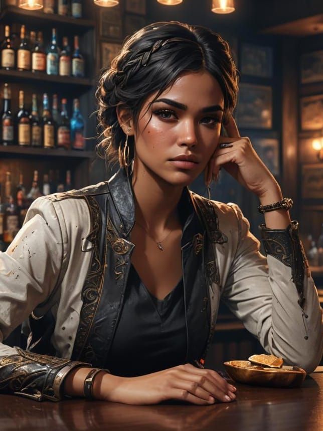 Dark Fantasy Woman at Bar: Concept Art