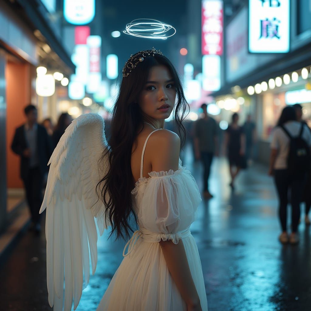 Ethereal Angel Emerges from City Nightlife in Cyberpunk Styl...