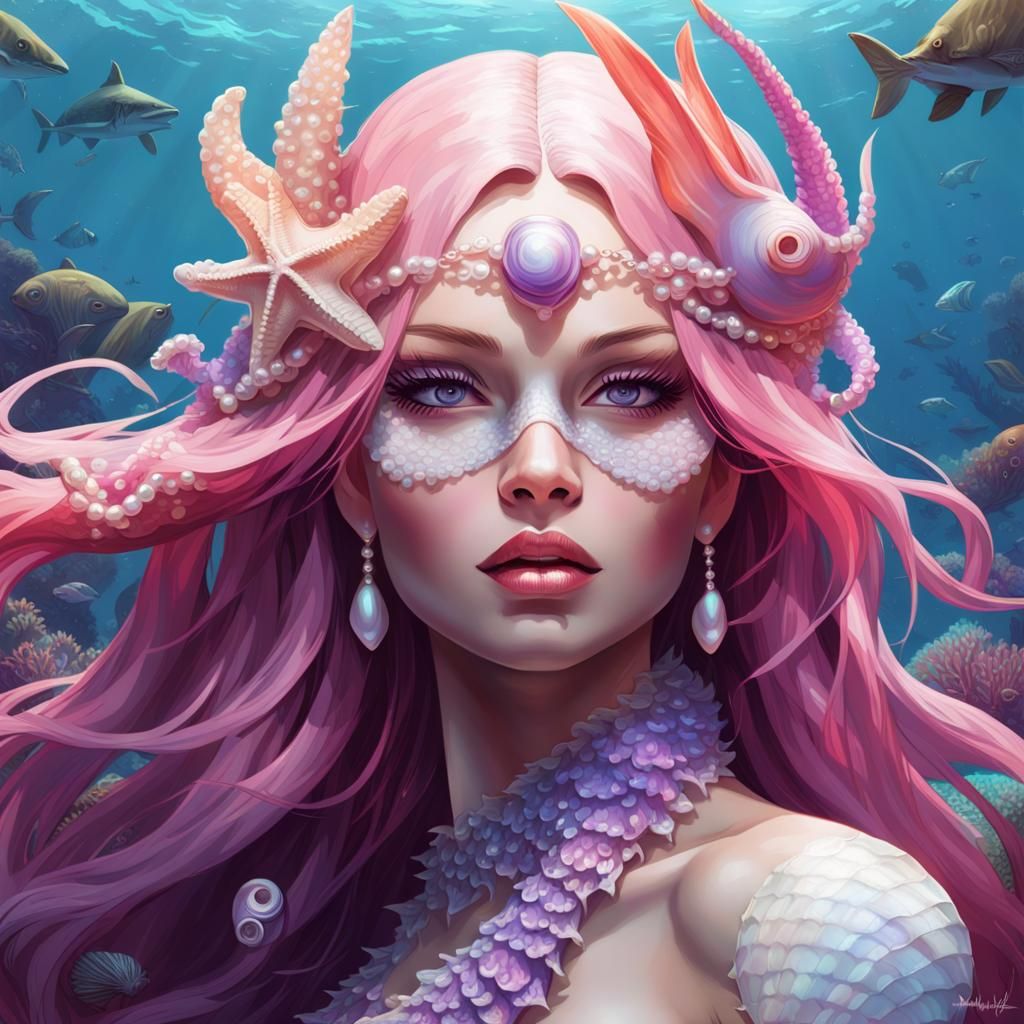 Beautiful Mermaid with Pink Scales and Pearl Adornments