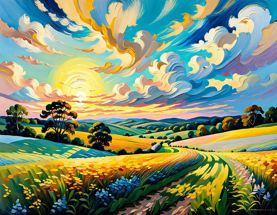 Golden Meadow Under Pastel Skies: An Impasto Painting