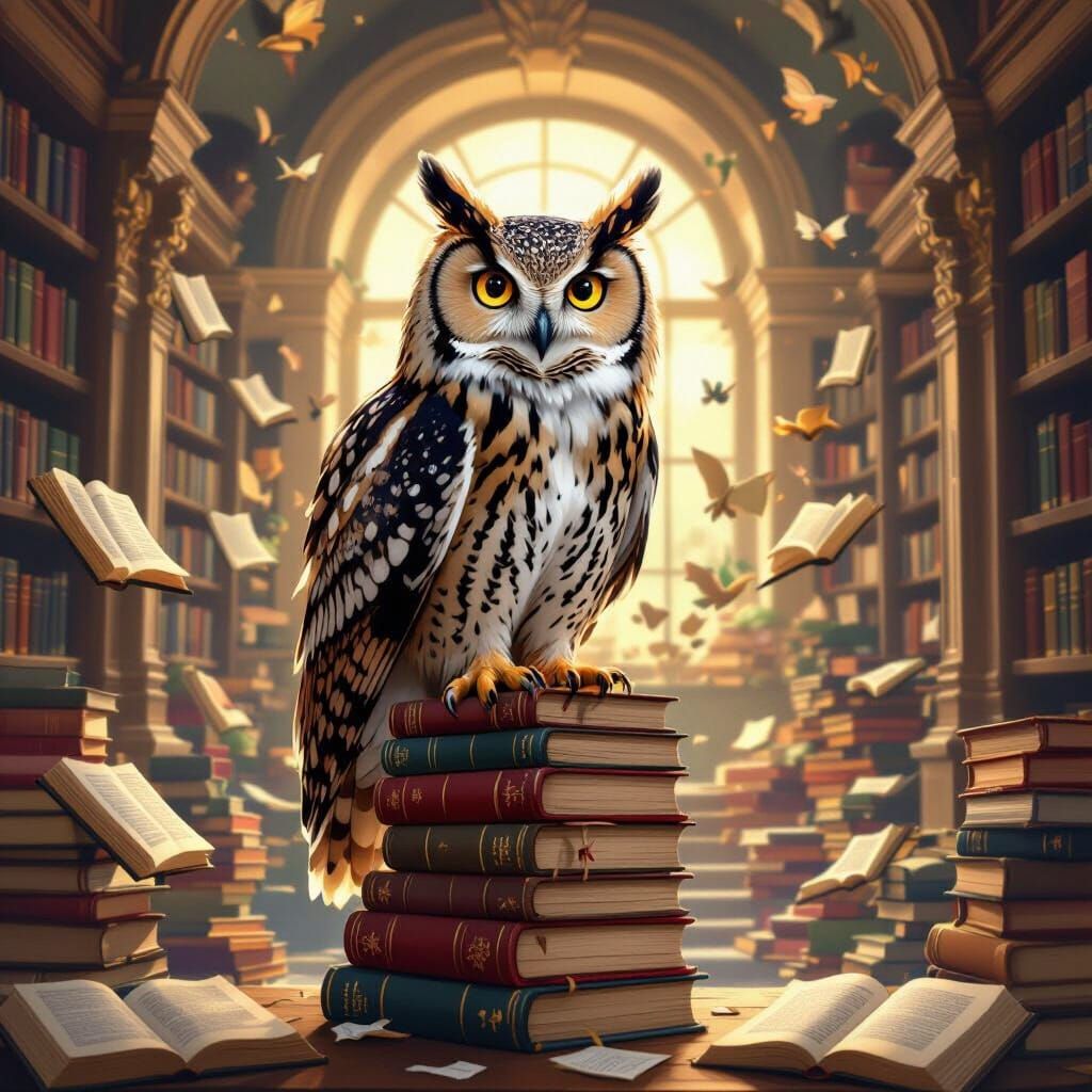 Wise Owl Guardian in Vibrant Fantasy Library
