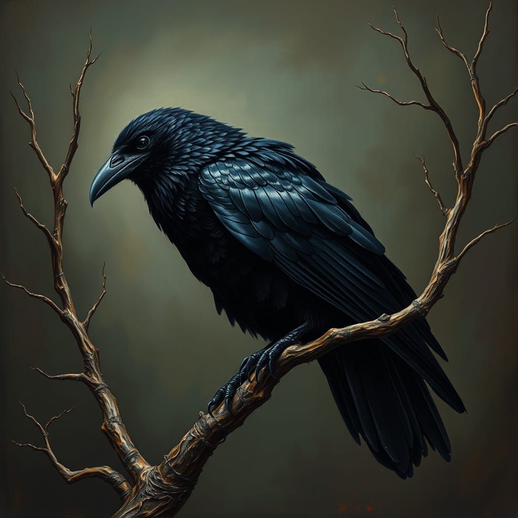 Mysterious Crow Perched on Twisted Tree Branch in a Dreamlik...