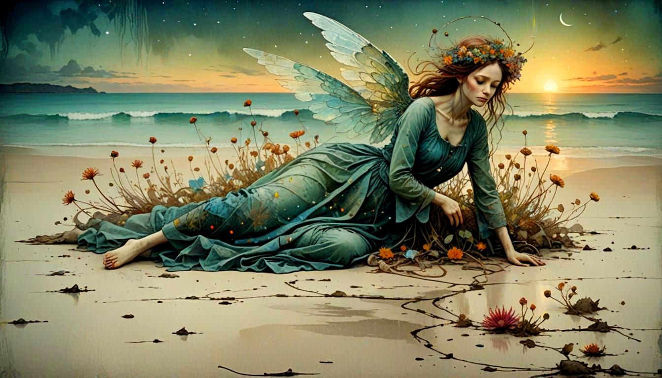 Angel on Twilight Beach with Cosmic Flowers