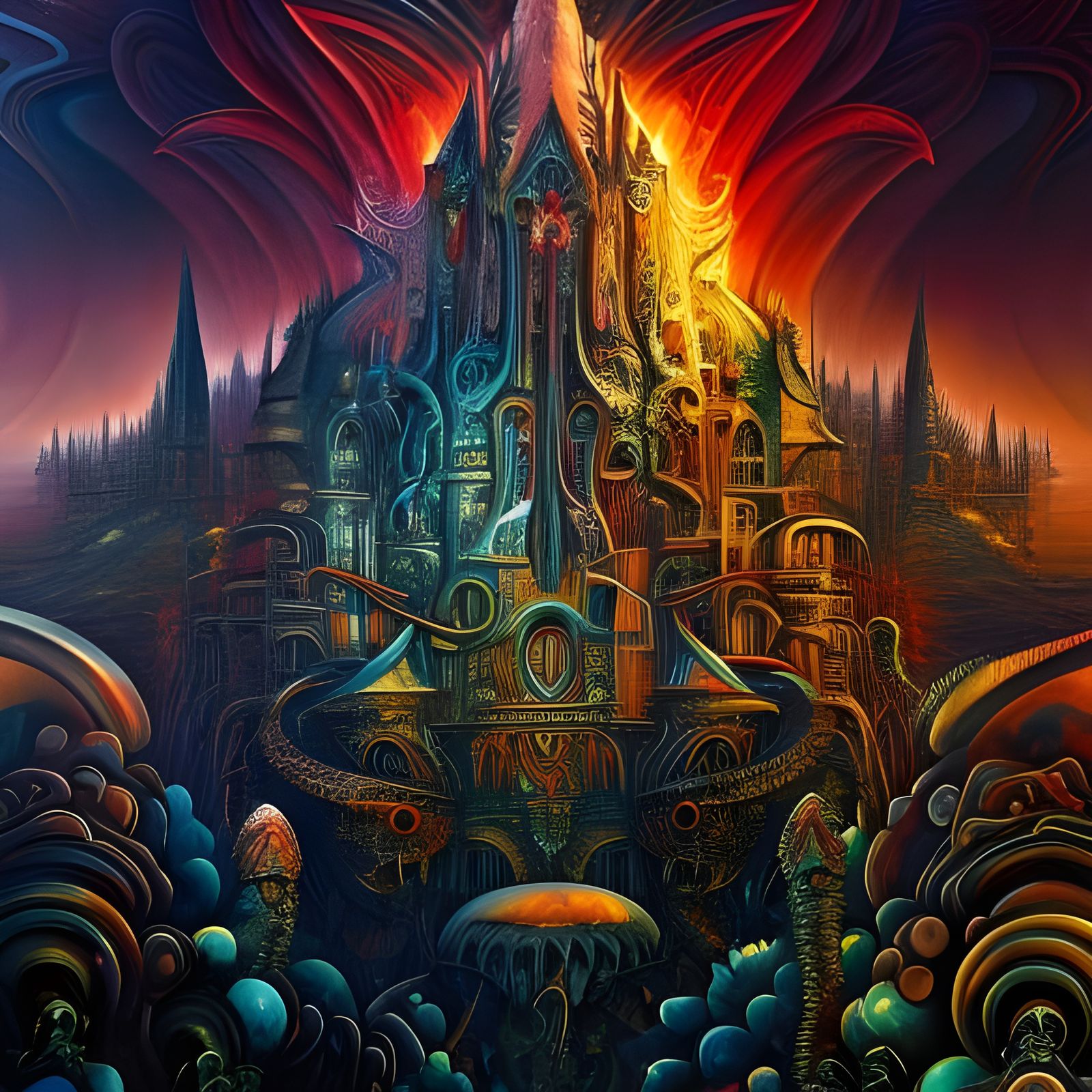 Gothic Castle Surrounded by Flames in Metal Art Style