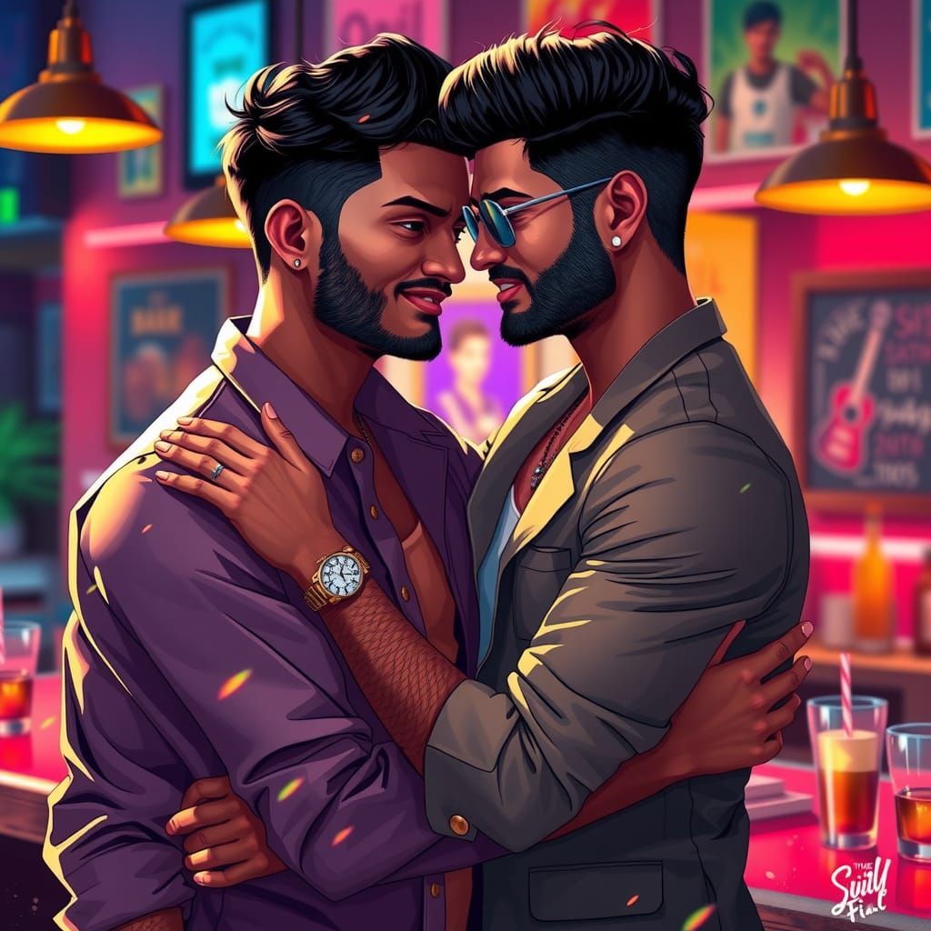 South Indian Friends Embrace in Vibrant Bar Setting