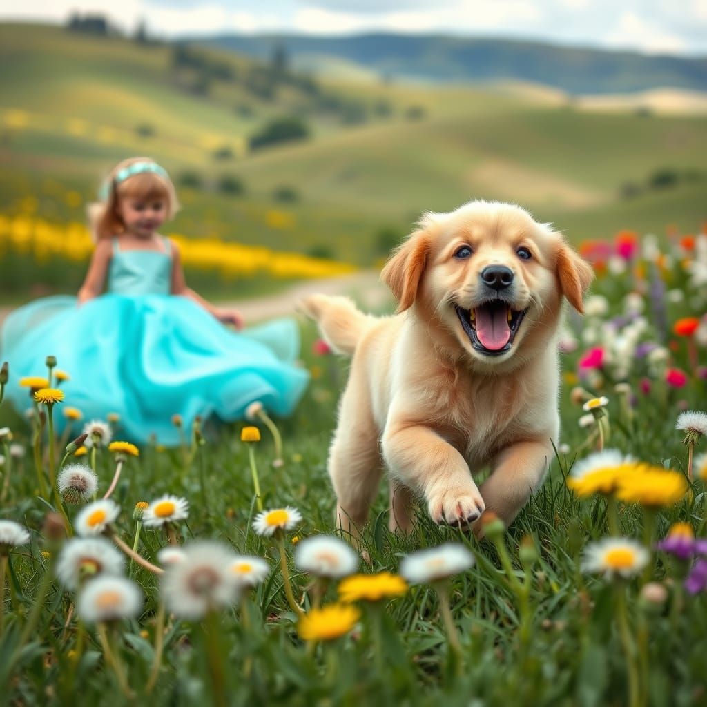 Golden Retriever Puppy Plays in a Vibrant Dandelion Field wi...