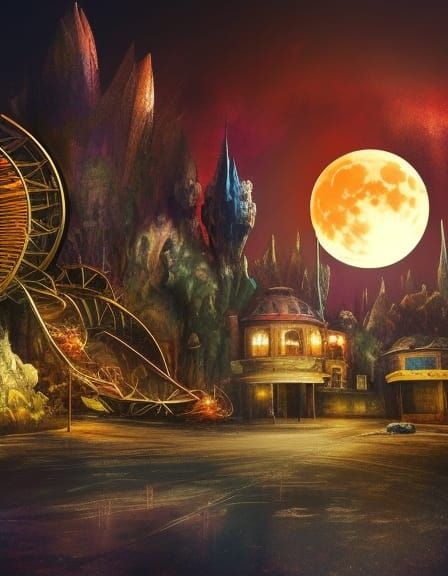 Post-Apocalyptic Disney Land Entrance with Glowing Moon