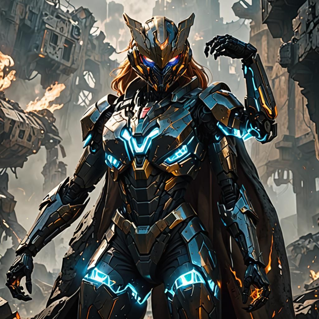 Cybertronian Warrior Amidst Ruins in Sci-Fi Style