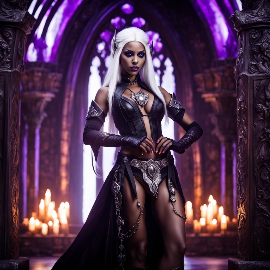 Drow Priestess in Dark Temple, Ultra-Realistic HDR Photo