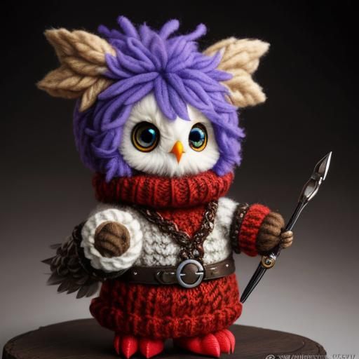 Cute Knitted Baby Owl with Blue Mohawk