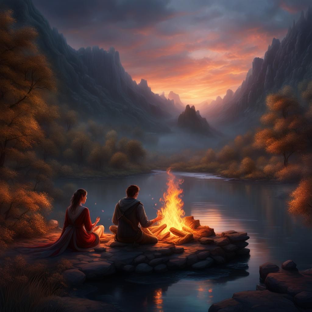 Riverside Campfire: A Matte Painting of Love