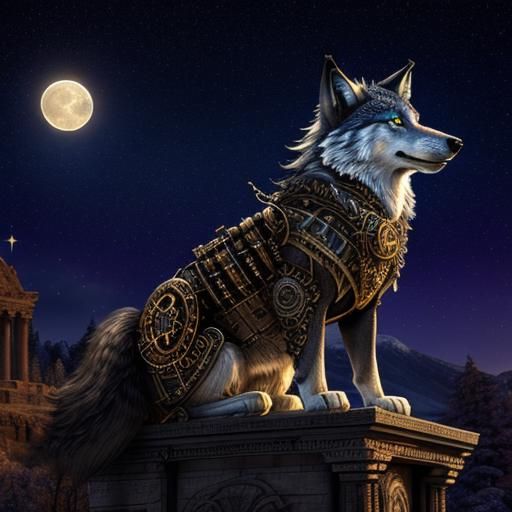 Steampunk Wolf Howling Under Starry Roman Sky