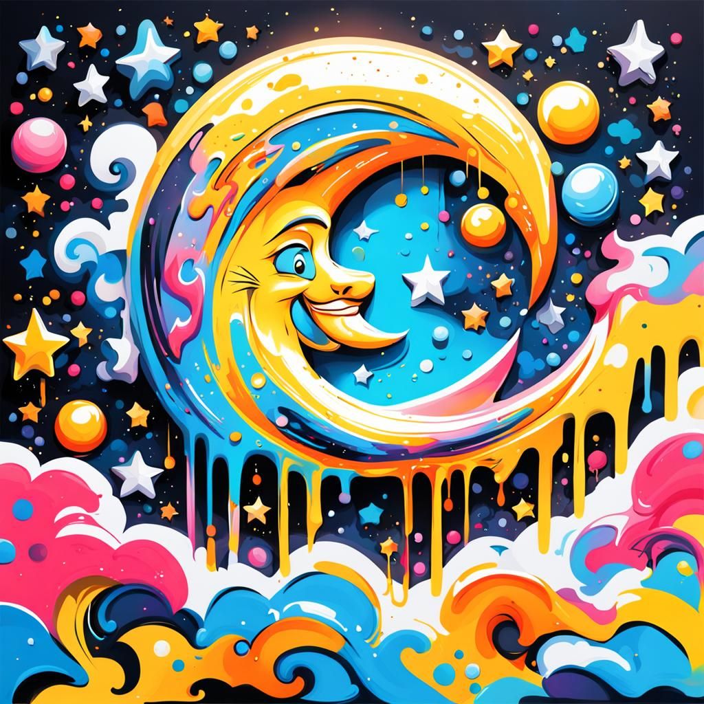 Graffiti Art Moon and Stars at Night