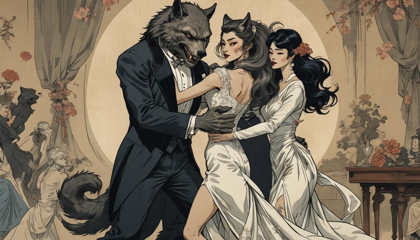 Werewolf and Mummy Prom Dance in Ukiyo-e Style