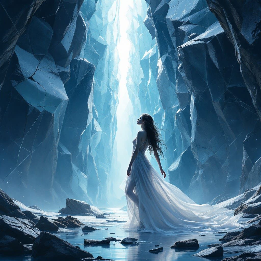 Surreal Goddess Emerging from Shattered Ice Landscape