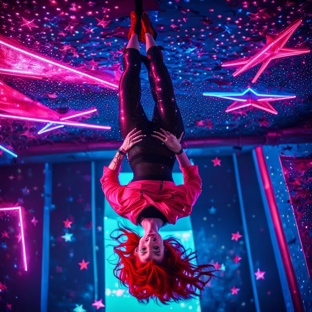 Woman in Neon Synthwave Style Hanging Upside Down