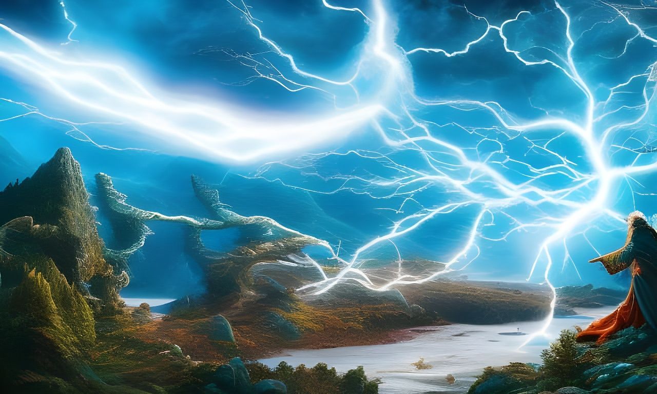 Wizard Casting Spell with Arcane Symbols, Matte Painting