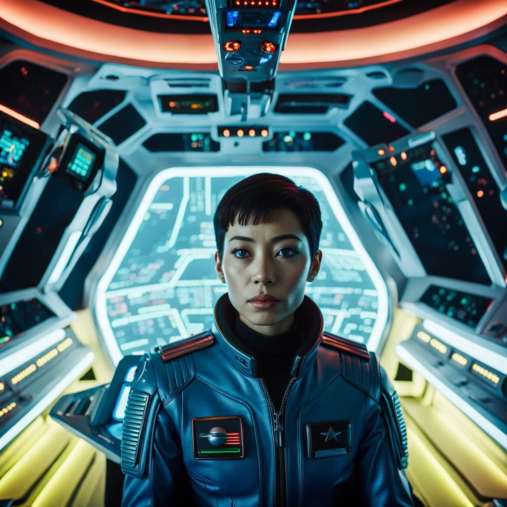 Spaceship Captain in Elaborate Spacecraft Interior