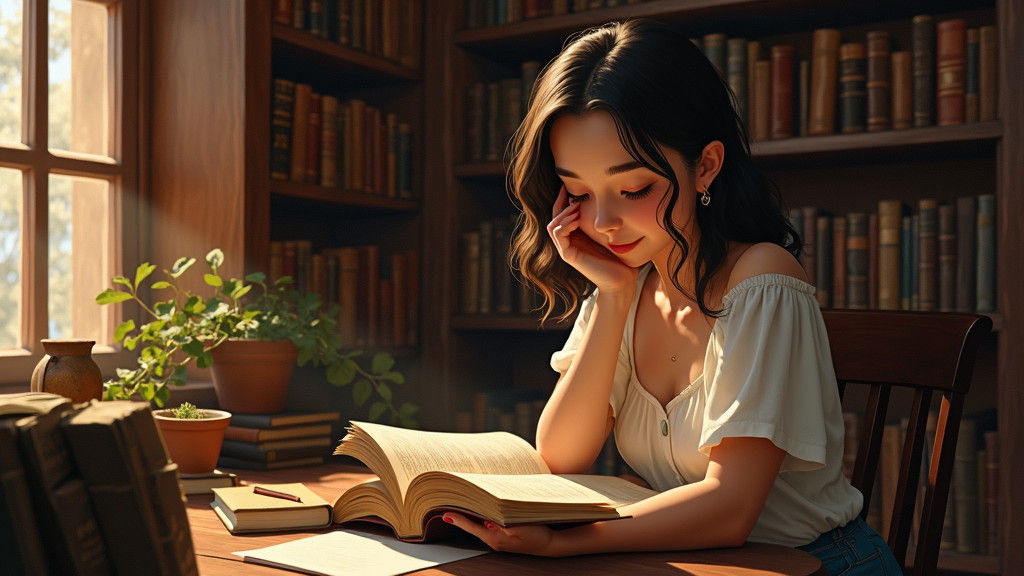 Woman in Cozy Library, Dreamy Whimsical Style