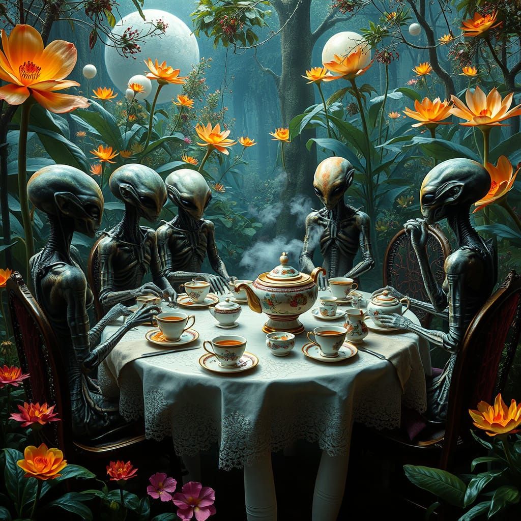 Aliens in Hyperrealist Tea Party Scene