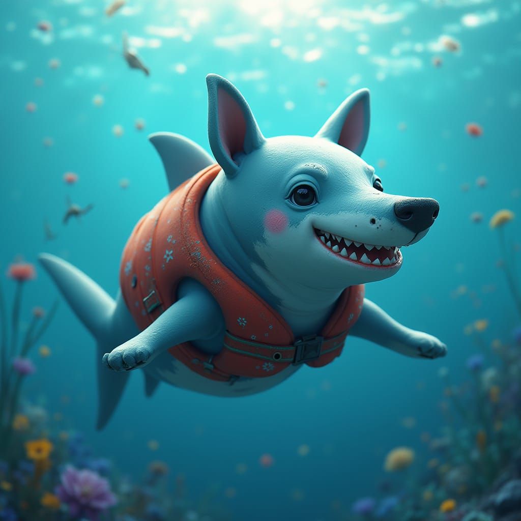 Half Shark, Half Doge in Vibrant Ocean