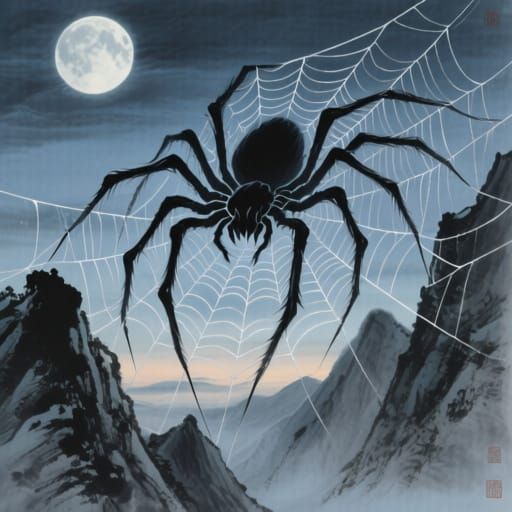 Massive Moonlight Spider Creature in Twilight Sky