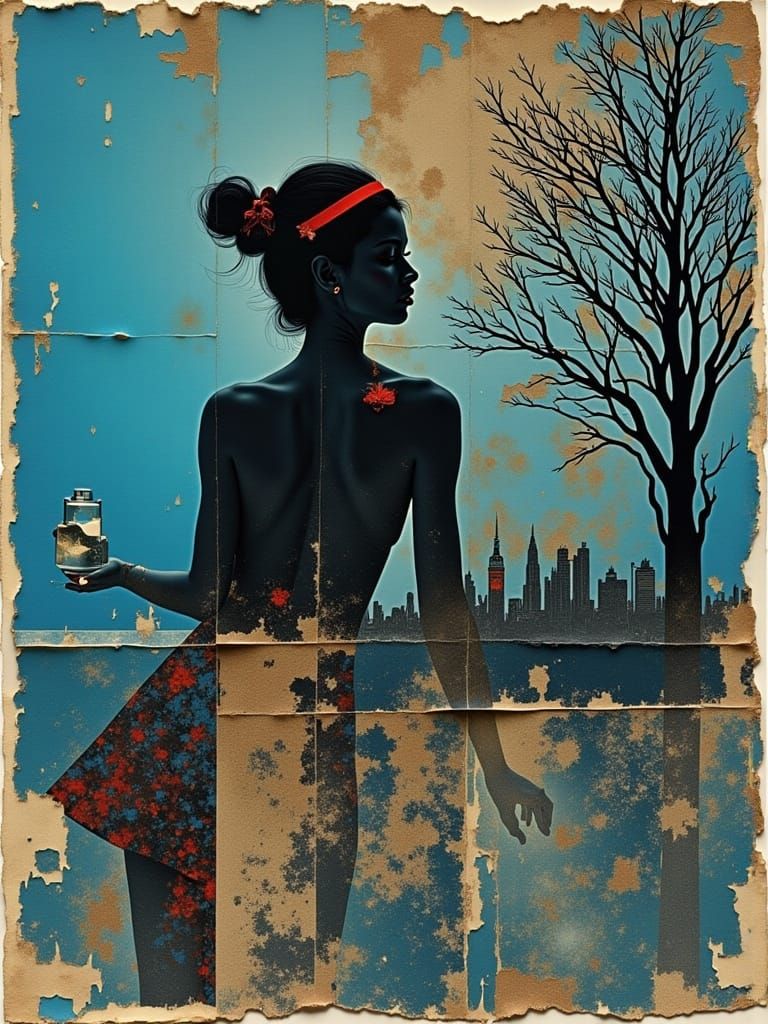 Surreal Collage of Blue Hues with Glittering Text