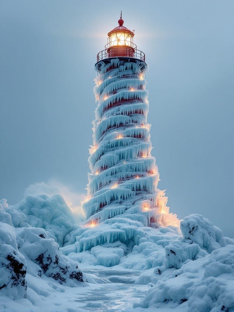 Ethereal Lighthouse Encased in Crystal Ice