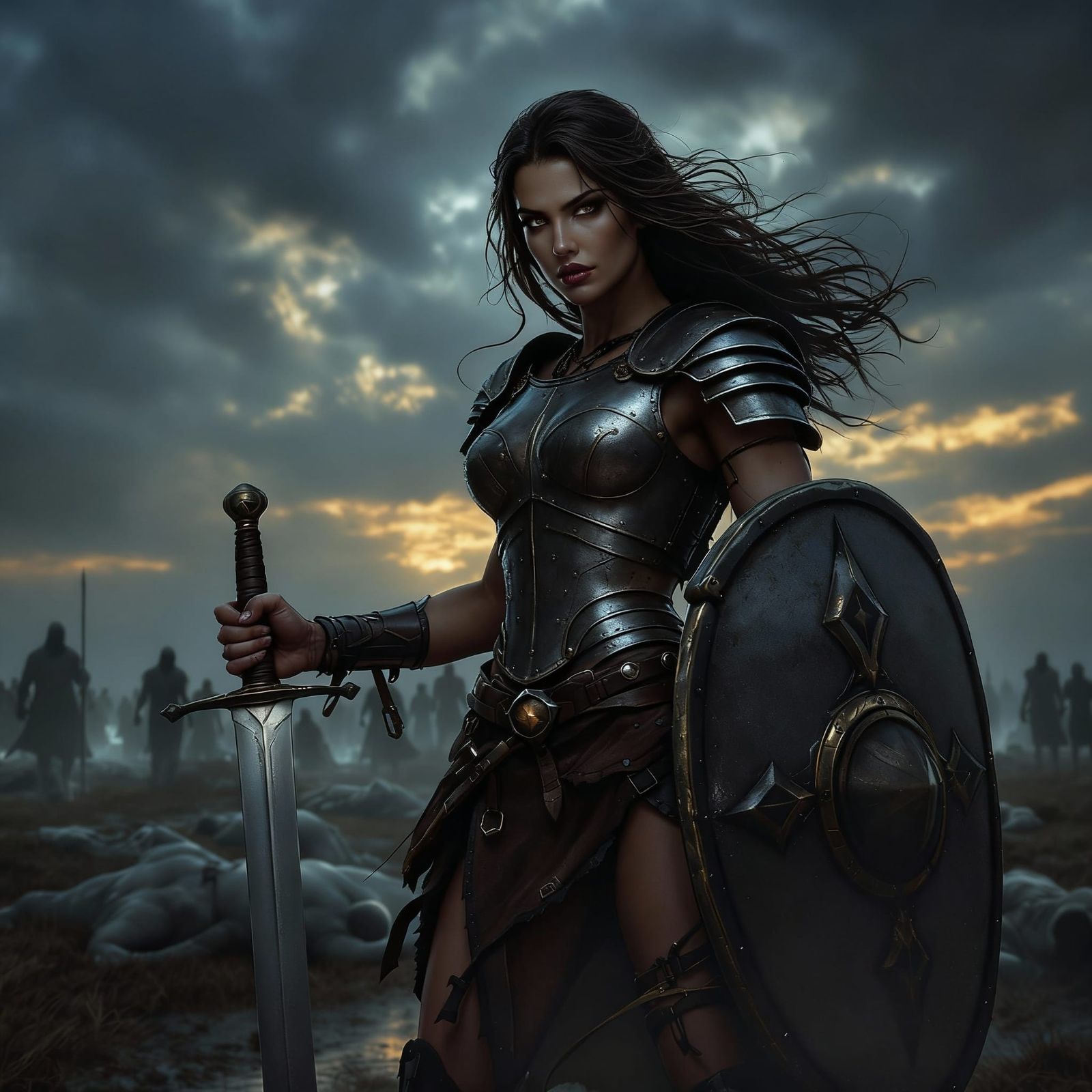 Twilight Warrior on Ancient Battlefield in Chiaroscuro Style