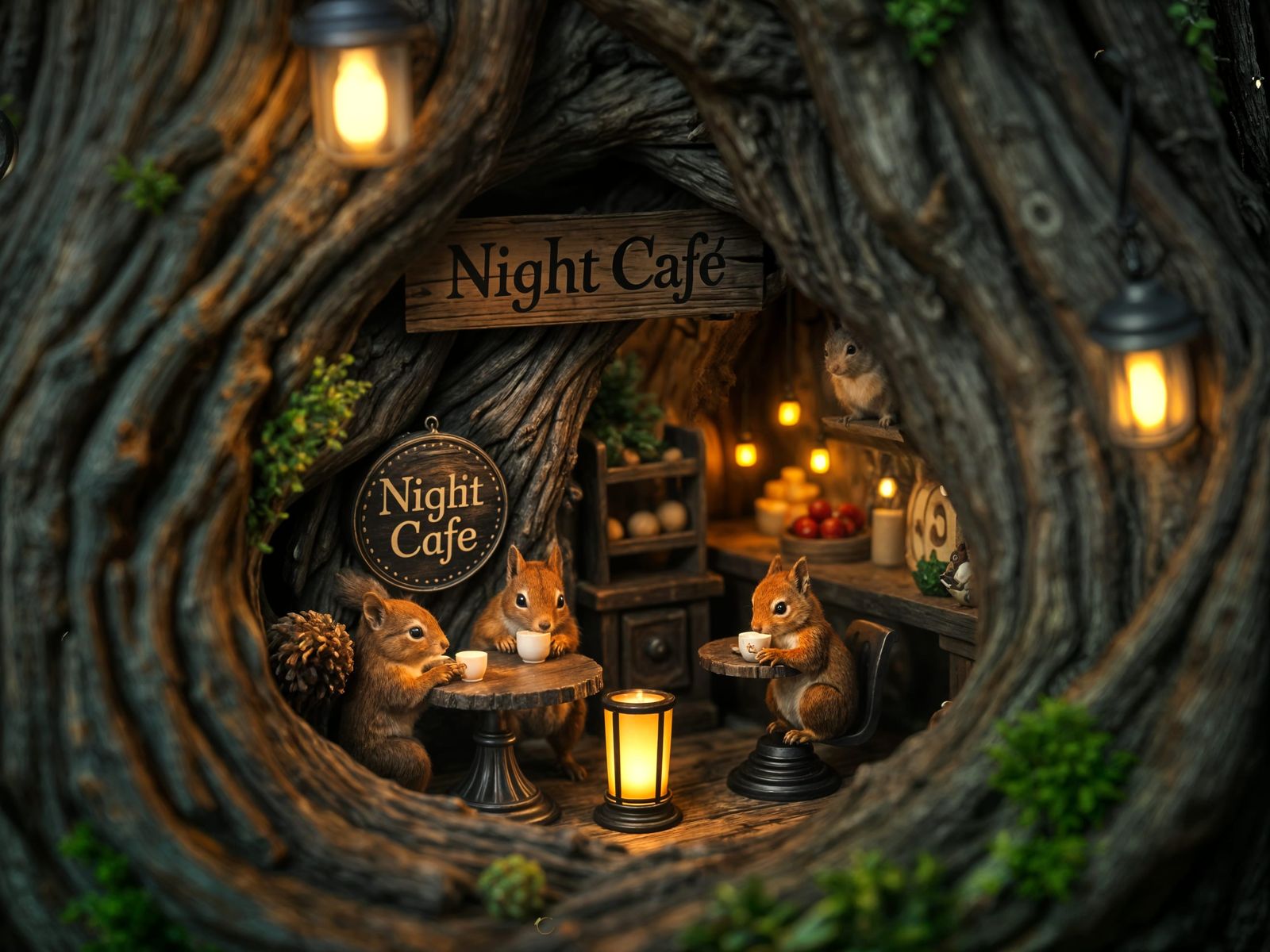 Cozy Night Cafe in an Ancient Oak Tree