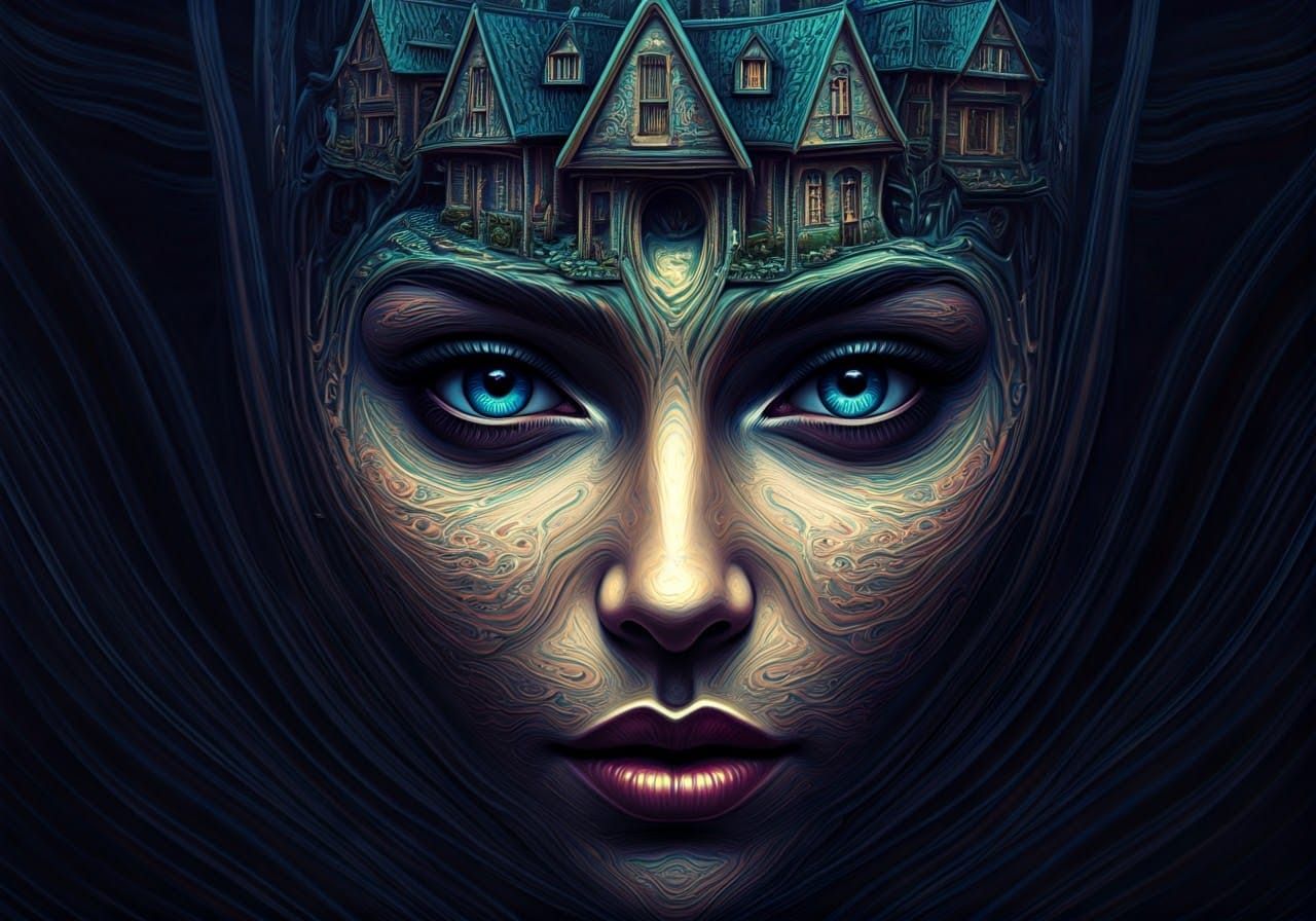 Surreal World: Luminous Houses Merge Into Fantasy Face