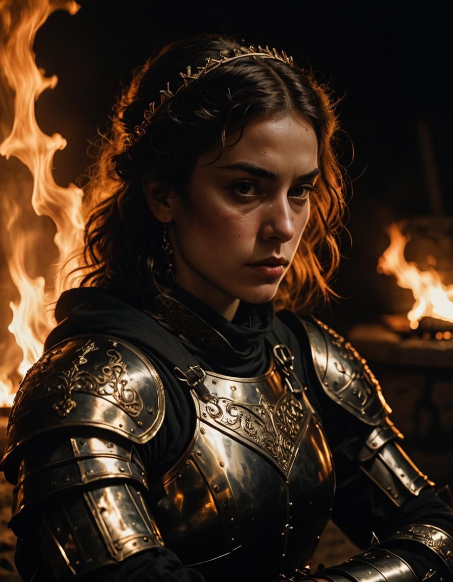 Swordswoman in Dark Armor by Bonfire, Renaissance Portrait