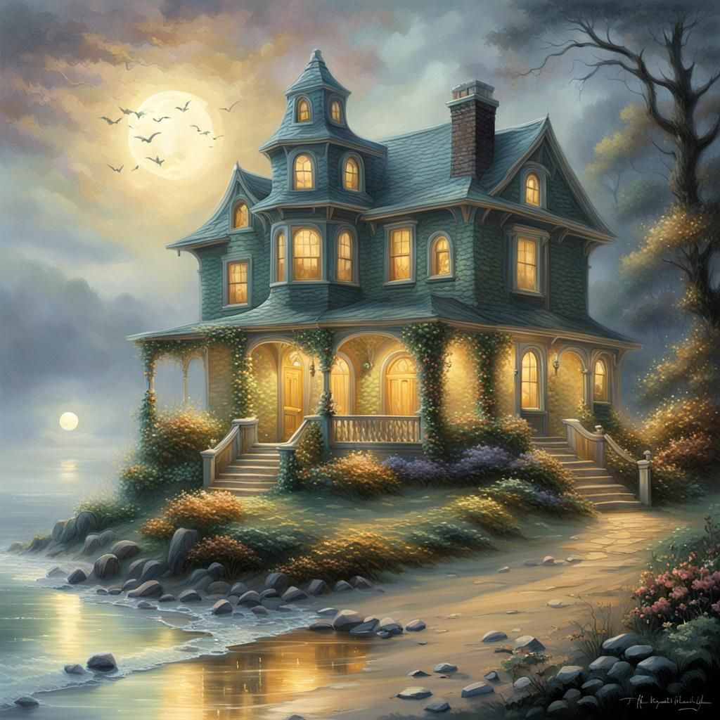 Ethereal Haunted House on Misty Beach, Fantasy Art