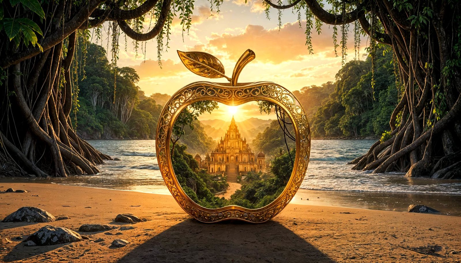 Lost City of Gold Inside Crystal Apple on Beach at Sunset