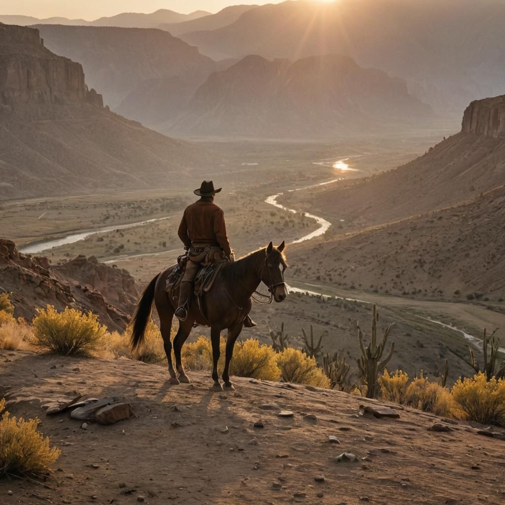 Cowboy Sunset Over Red River Valley: Wild West Scene