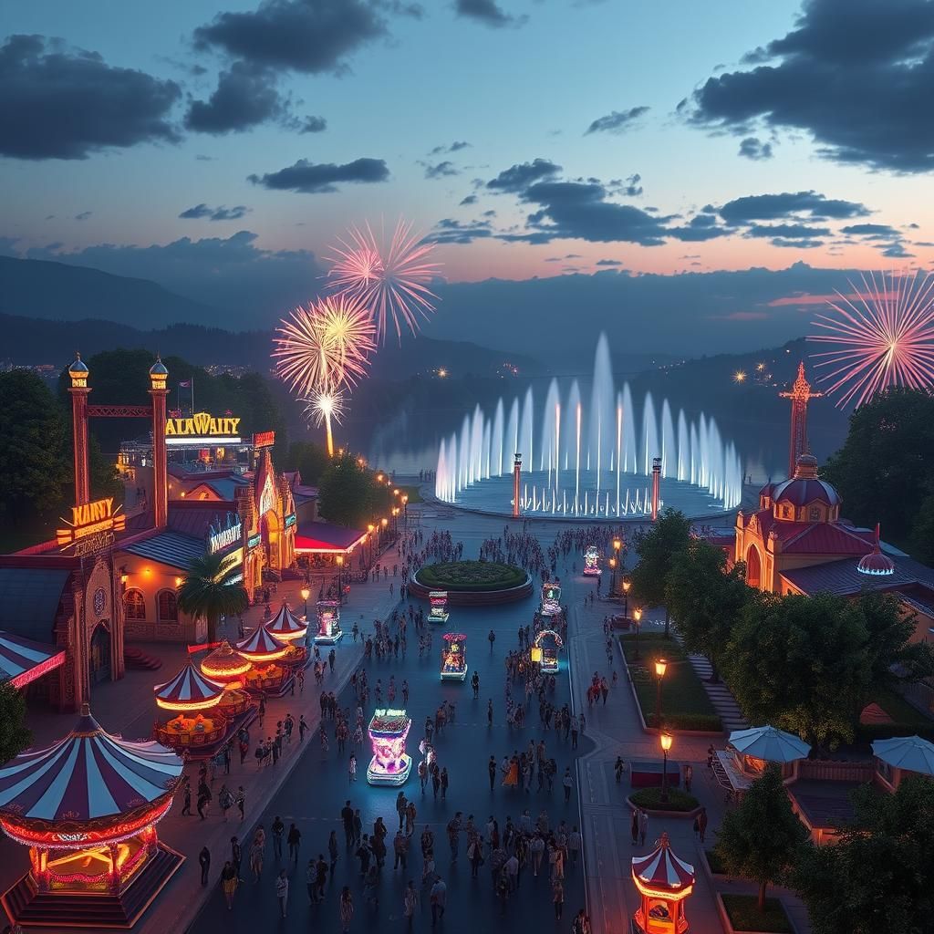 Amusement Park at Dusk: Parade, Lake, and Fireworks