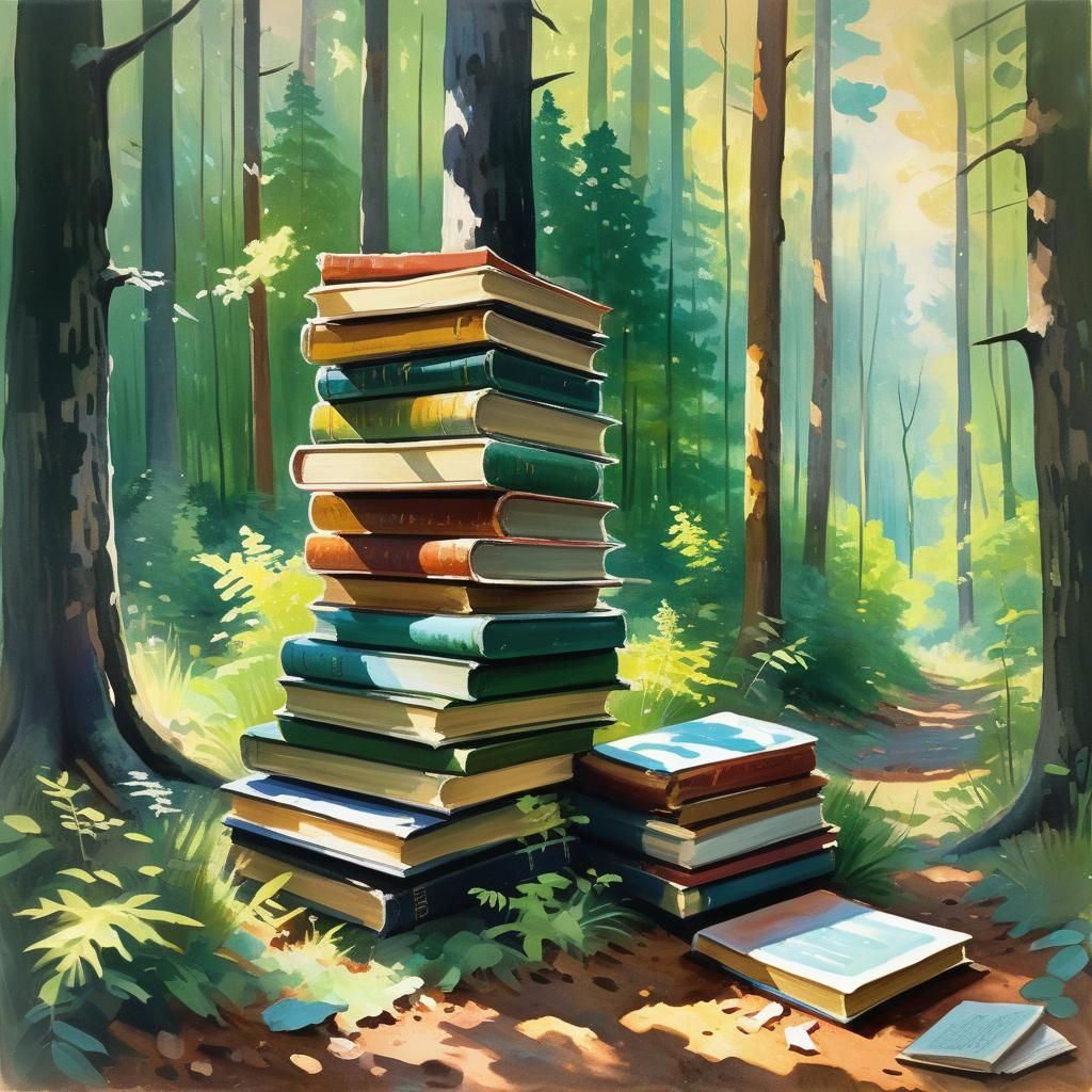 Books in Forest Clearing: Impressionist Gouache Painting