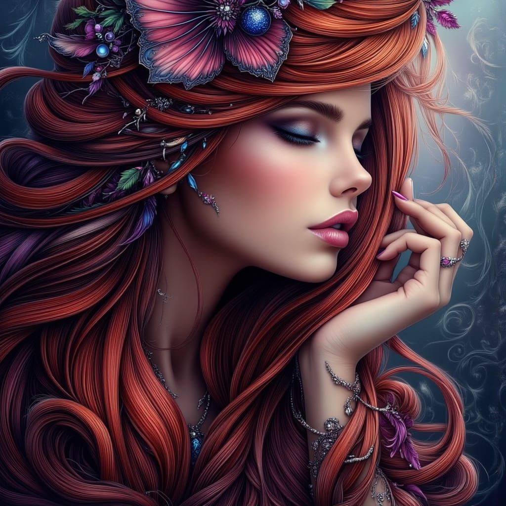 Beautiful Woman with Flowing Hair, Gothic Bohemian Style