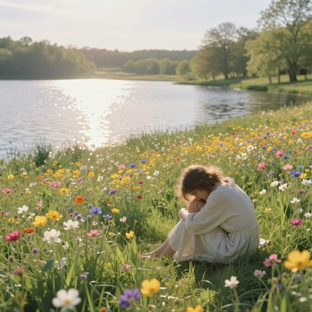 Melancholy Figure in Vibrant Wildflower Meadow by Lake
