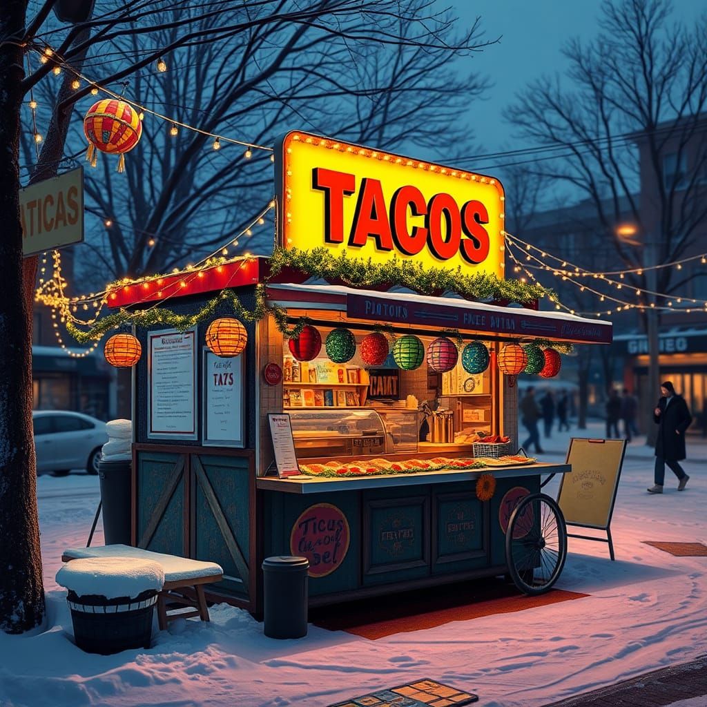 Festive Winter Tacos Stall on Snowy Evening