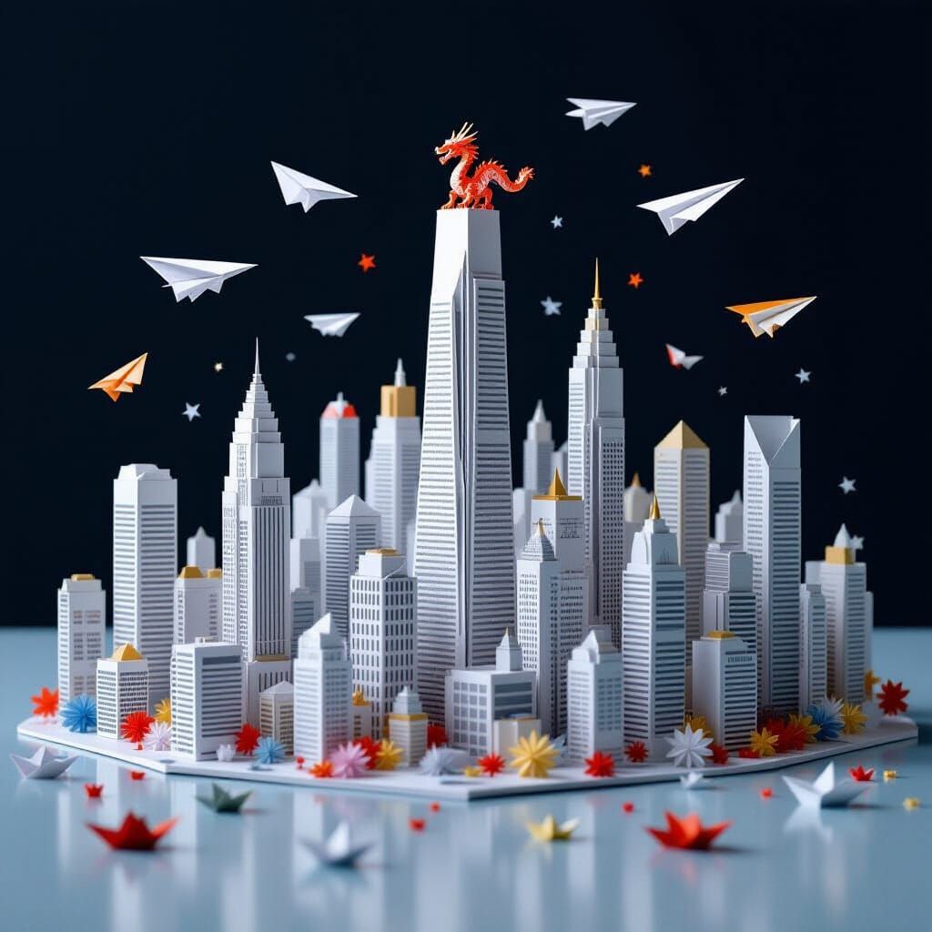 Paper Cityscape With Dragon And Airplanes