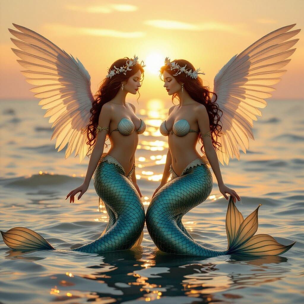 Renaissance Mermaids with Wings at Golden Hour