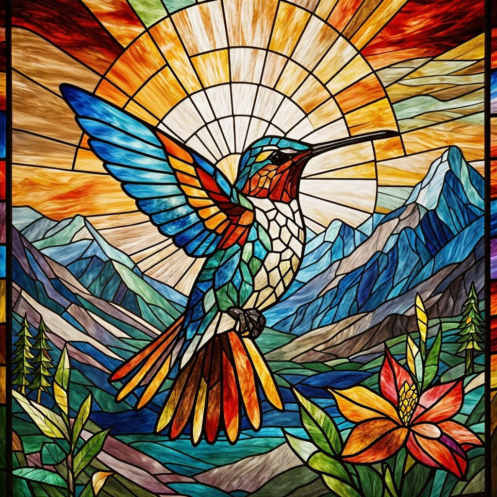 Stained Glass Hummingbird Mountain Scene